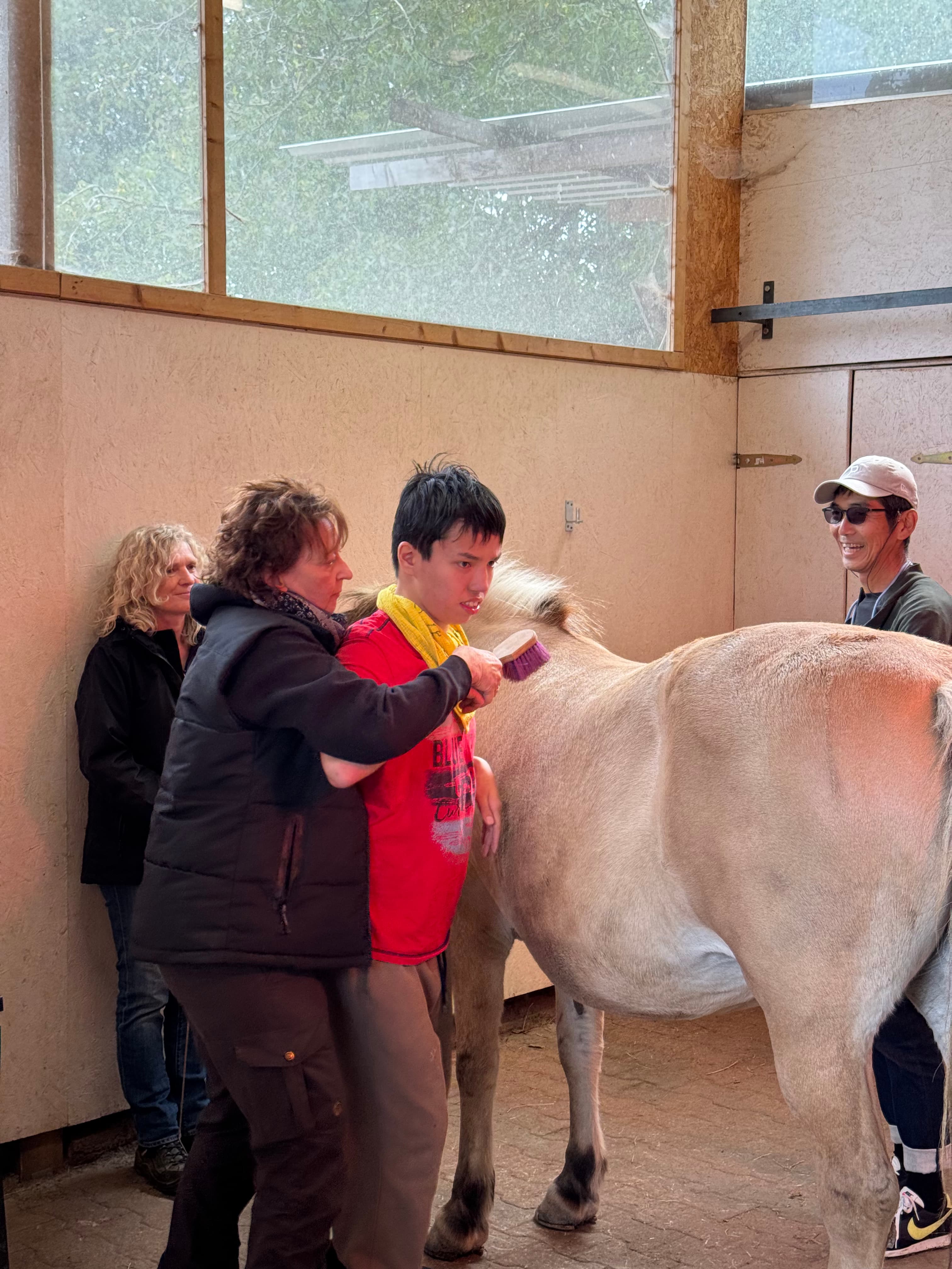 Zwei Personen in einem intimen Moment mit einem Therapiepferd